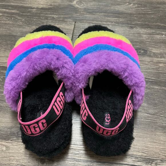 UGG Fluff Yeah Slide Black Rainbow Sheepskin Platform Sandals Women’s 8 Y2K - Picture 3 of 6